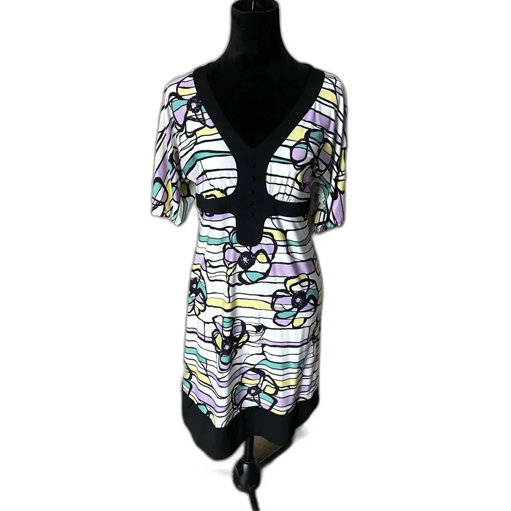 BCBG Max Azria dress floral funky modern mod A-line party work white black M EUC